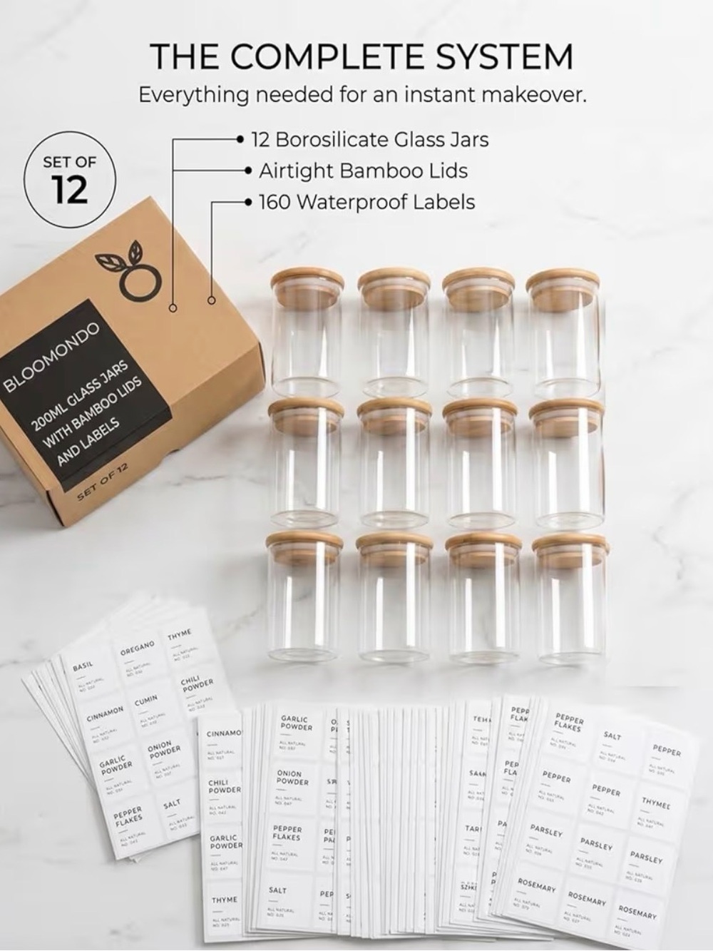 Bloomondo Empty Spice Jars with Label Pack (12x Bamboo Lid Glass Jar) - Picture 7 of 7
